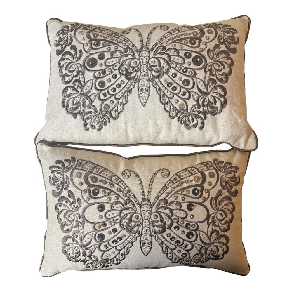 2 Pier 1 Imports Decorative Butterfly Pillows 14" x 9" Embroidered Beaded Accent